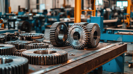 Industrial setting with giant metal gears placed on a workbench, ready for assembly in a mechanical system.の素材