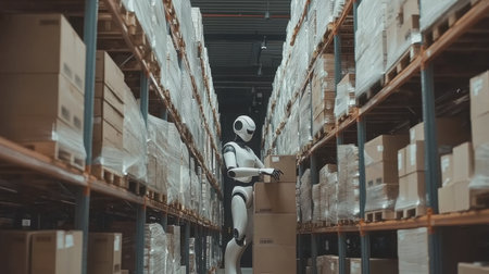 High-tech warehouse with robotic arms swiftly sorting and stacking boxes on shelves, showcasing modern logistics and efficiency.の素材