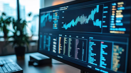 Smart manufacturing plant with an interactive dashboard displaying key metrics such as energy consumption, product quality, and robotic efficiency.の素材