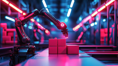Smart warehouse technology featuring AI-powered robotic arms efficiently moving boxes in a high-tech, futuristic logistics center.の素材