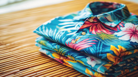 Stack of colorful Hawaiian shirts with bold tropical designs resting on a bamboo mat, evoking summer vibes.の素材
