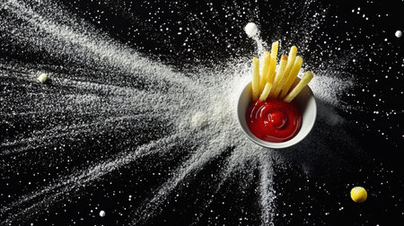 A serving of crispy French fries with ketchup in a small dipping bowl, photographed from above and removed from any background.の素材