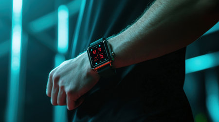 A smart fitness watch tracking calories burned and activity levels, worn by an athlete in a gym setting.の素材