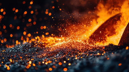 Close-up of molten steel being processed in a foundry, sparks flying as liquid metal is refined into shape.の素材