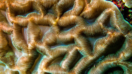 Close-up of a textured brain coral, teeming with small marine creatures, illuminated by sunlight in crystal-clear ocean water.の素材
