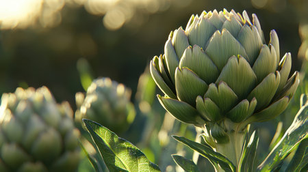Freshly cut artichoke half displayed prominently, revealing its tender heart and layered leaves, perfect for a healthy food concept.の素材
