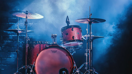 Dynamic shot of a drum set on a concert stage, backlit by a single spotlight, emphasizing the rhythm of live music.の素材