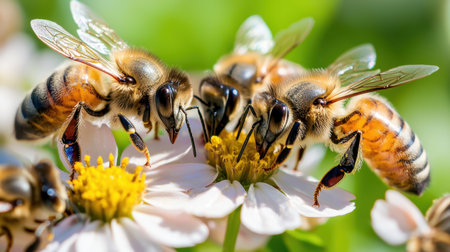 A lush flowerbed with buzzing bees actively collecting pollen, bathed in warm sunlight.の素材