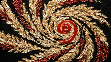 Golden fries glistening with oil, arranged neatly on a plate with a swirl of ketchup, isolated from any background.の素材