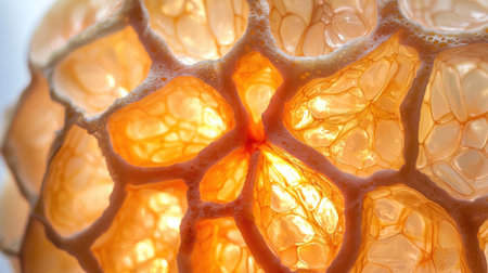 Macro shot of a grapefruit slice, translucent pulp illuminated against a bright white surface, emphasizing its natural freshness.の素材