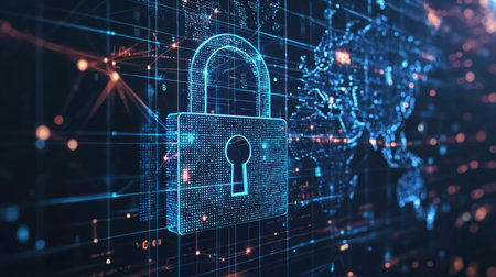 A futuristic concept of cybersecurity with a luminous padlock, binary code, and a high-tech global network in the background.の素材
