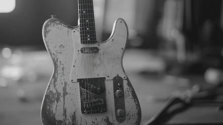 Artistic close-up of a worn electric guitar in grayscale, highlighting its raw beauty with a blurred background for copy space.の素材