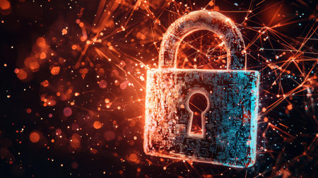 A 3D holographic padlock glowing in blue, surrounded by abstract digital connections and cyber defense elements.の素材
