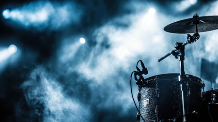 Close-up of a snare drum and cymbals under moody stage lighting, with atmospheric fog rolling in.の素材