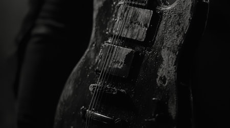 Artistic close-up of a worn electric guitar in grayscale, highlighting its raw beauty with a blurred background for copy space.の素材