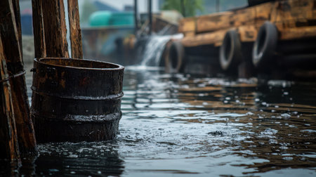 High-contrast image of dark liquid spilling into water, emphasizing pollution from industrial discharge.の素材