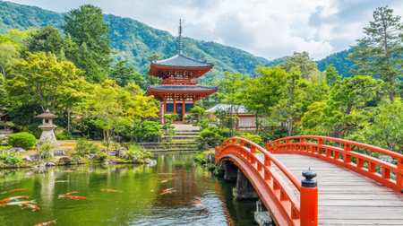 A peaceful landscape with a red wooden bridge leading to a traditional Japanese pagoda, koi fish swimming below.の素材