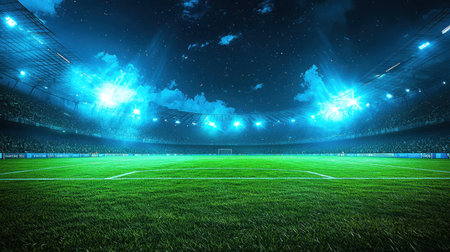 Illuminated soccer stadium at night with bright floodlights shining over the green field, ready for an intense match under the stars.の素材