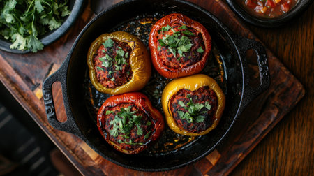 Delicious baked bell peppers stuffed with spicy Mexican ingredients, garnished with fresh cilantro and served with a side of salsa.の素材