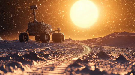 Robotic rover exploring a distant red-hued planet, leaving tire tracks in fine, otherworldly dust.の素材