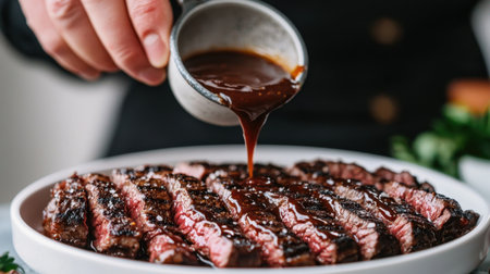 Minimalist food presentation of churrasco steak and gourmet sauce, clean background keeping focus on the dish smoky richness.の素材