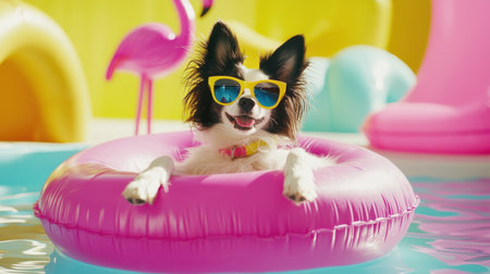 Adorable dog in sunglasses, paws resting on a flamingo float, bright summer pool setting.の素材