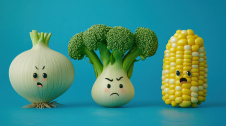 Adorable vegetable characters with cute facial expressions, funny animated broccoli, corn, and onions.の素材