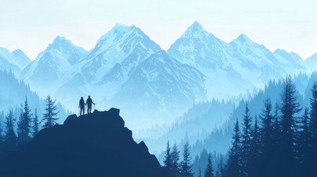 Panoramic hiking scene, black silhouette of a couple exploring the mountains, minimalist travel background with forest elements.の素材
