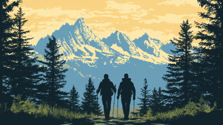 Silhouette of an adventurous couple hiking through a pine forest, overlooking majestic mountain peaks, vector icon for travel and camping.の素材