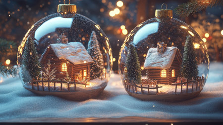 Christmas ball ornaments with detailed snow-covered cabins and fir trees inside, cozy winter scene.の素材