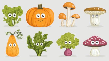 Collection of animated vegetables with eyes, cheerful faces on pumpkins, beets, and mushrooms, fun and whimsical.の素材