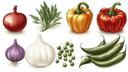 Cartoon vegetable clipart set, cute and funny onions, peppers, and peas, isolated and colorful on white.の素材
