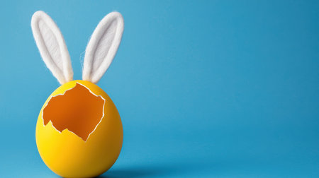 Damaged egg with rabbit ears standing upright inside, cute and playful Easter greeting card design on pastel blue background.の素材