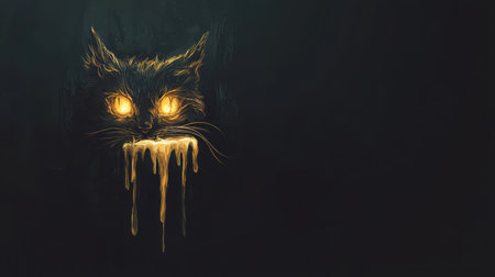 Dark enchanted cat with magical glowing eyes, candle wax dripping slowly, a shadowy night sky above.の素材