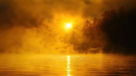 Golden sunrise over a peaceful lake, mist rising from the water, serene and dreamy morning atmosphere.の素材