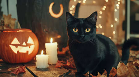 Gothic Halloween scene, a black cat with piercing yellow eyes, candlelight reflecting on its face, moonlit backdrop.の素材