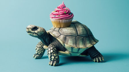 Funny tortoise with a birthday cupcake on its back, whimsical and cute festive greeting card design, ideal for celebrations.の素材