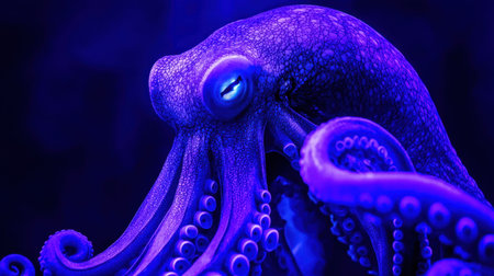 Futuristic Cthulhu creature, otherworldly octopus glowing in eerie blue and purple lights against a dark abyss.の素材