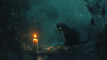 Haunting fantasy portrait of a mystical cat staring at a candle, moonlight casting eerie shadows around it.の素材