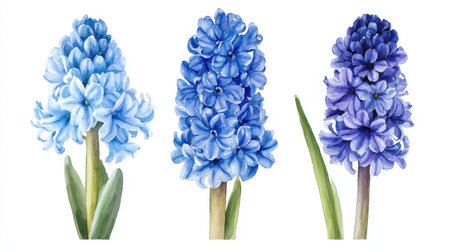 Graceful botanical print of three watercolor hyacinths, airy petals and natural tones, isolated on white.の素材