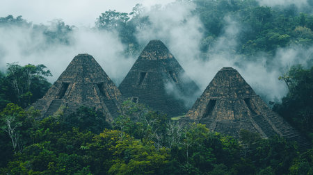 Lost temple of an ancient civilization, golden pyramids rising from the misty rainforest, mythical scenery.の素材