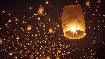 Hundreds of glowing lanterns floating into the starry night, magical and dreamy festival scene.の素材