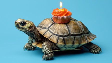 New Year's Eve party animal! A Greek tortoise with a cupcake and candle on its back, isolated on blue, perfect for festive greeting cards.の素材