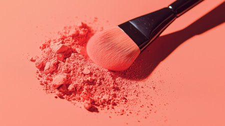 Minimalist beauty composition with soft bristle brushes and iridescent pink powder scattered in an aesthetic layout.の素材