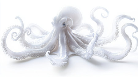 Otherworldly Cthulhu-inspired octopus, ethereal glow emanating from its swirling tentacles, set against white.の素材