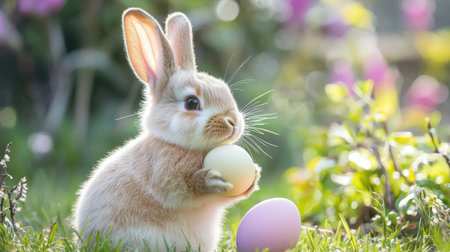 Playful Easter rabbit with shimmering fur, holding a pastel-colored egg in a magical springtime setting.の素材