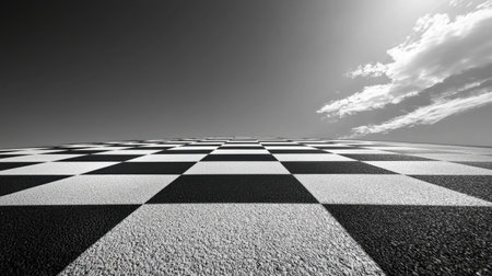 Abstract black-and-white checkered plane, tilted diagonally with crisp geometric precision, fading into a soft blur at the horizon.の素材