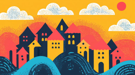 Bright and colorful summer scene with a small village nestled among hills, playful clouds drifting in the sky.の素材