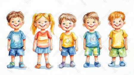 A group of cute preschoolers painted in watercolor, each standing with different joyful expressions, perfectly suited for a children book.の素材