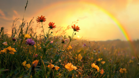 Charming children book-style summer field with vibrant flowers and a dreamy rainbow in a soft gradient sky.の素材